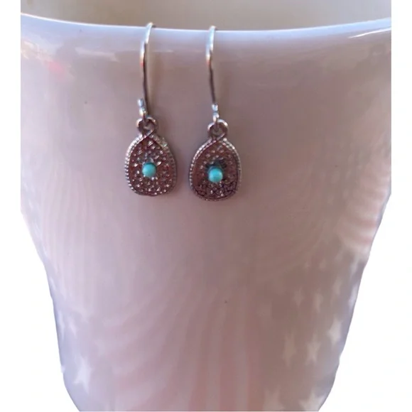 Dangle Earrings Wire pierced Silver Plastic faux turquoise bead 1/2” - Picture 1 of 3